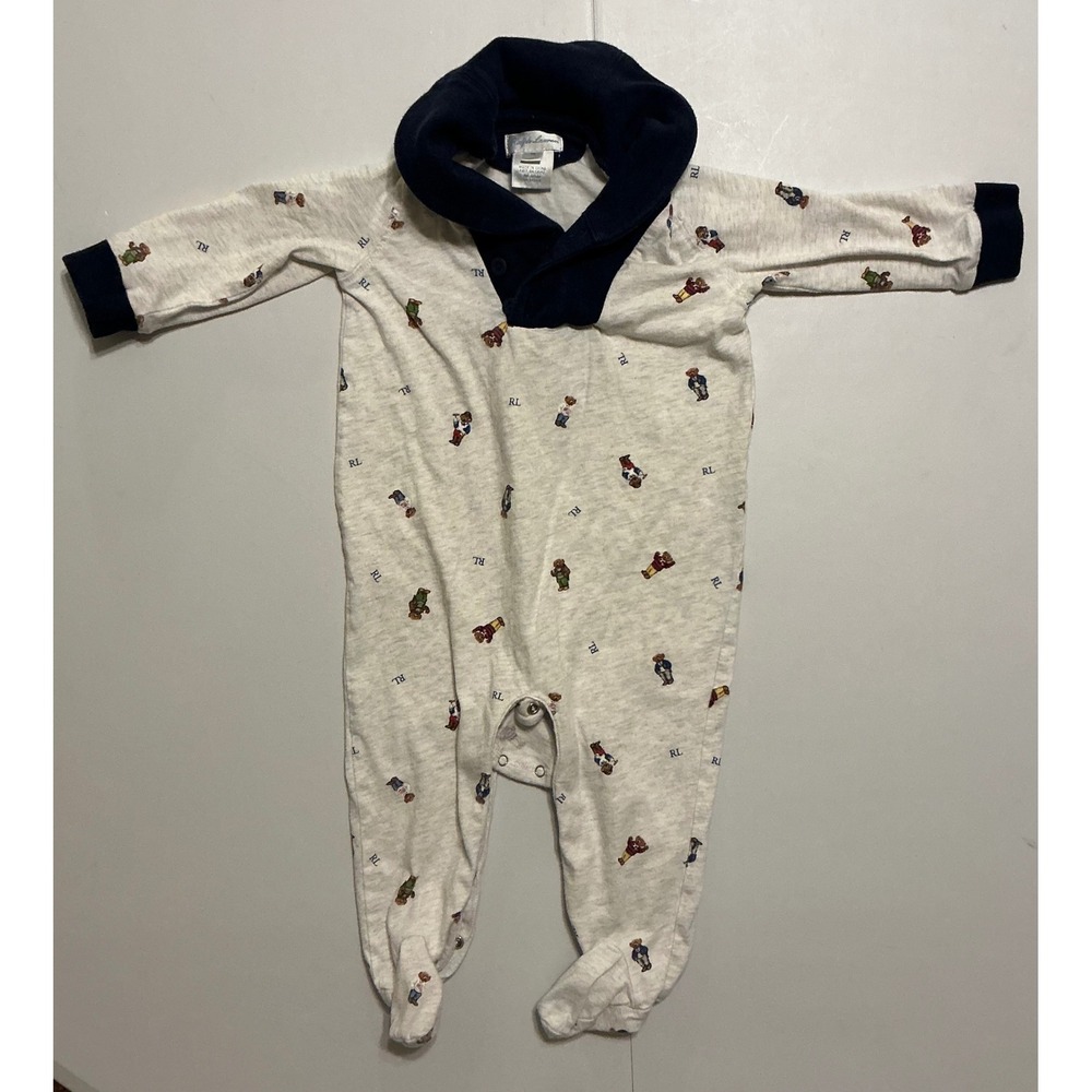 Polo Ralph Lauren Bear AOP Footie Sleeper Baby Boy 9M Heather Grey Navy Preppy